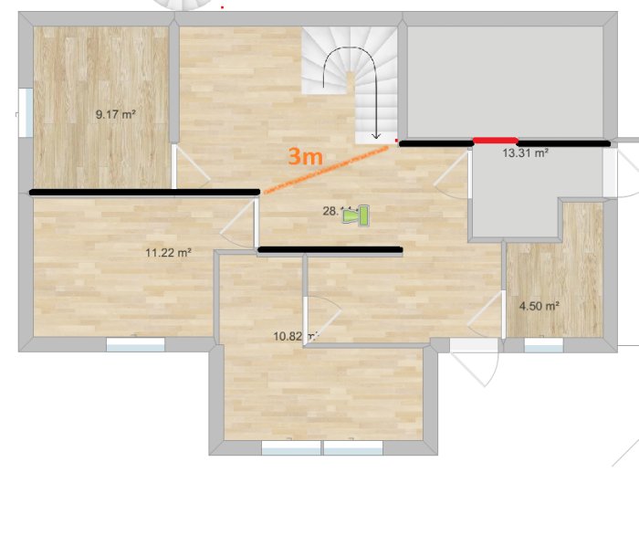 Planritning av ett våningsplan med markerad hjärtvägg som inte är i linje och en frågeställning om trappkonstruktion.