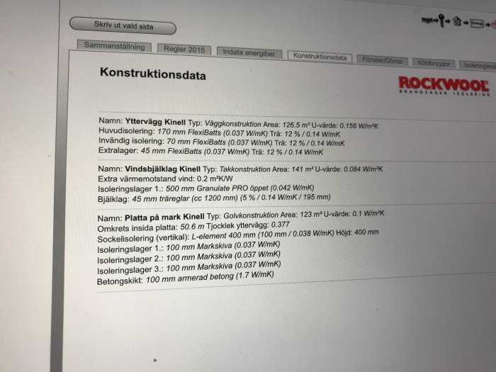 Skärmdump av energiberäkning med konstruktionsdata för ett hus på Rockwools hemsida.