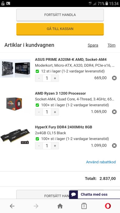 Skärmdump av en onlinekundvagn med en ASUS-moderkort, AMD Ryzen 3 1200 CPU, och HyperX Fury DDR4 RAM minnen.