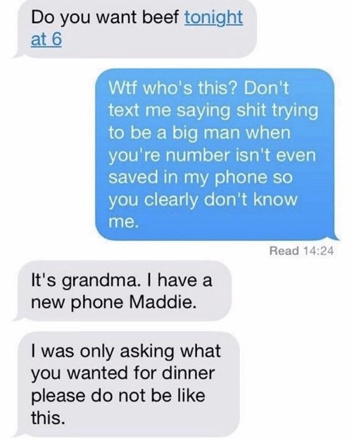 Skärmdump av textkonversation där någon misstar sin mormor för en främling och svarar oförskämt.