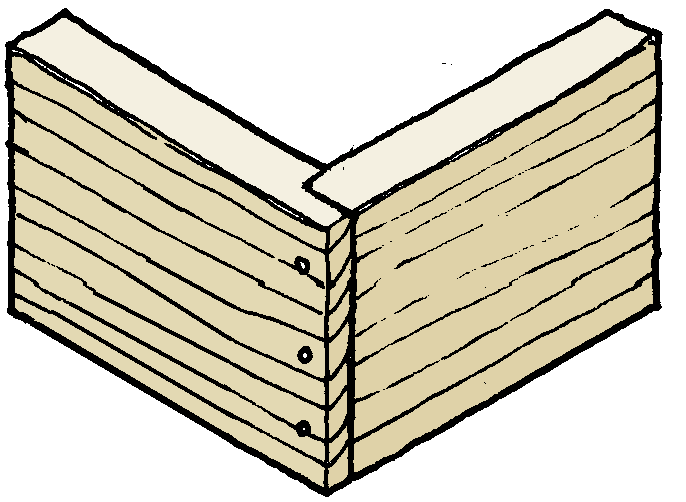 Illustration av en träfog med 45 graders snitt och inborrade träpluggar som förstärkning.