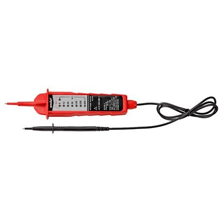 Digital voltmeter med röd och svart ledning för testning av elektrisk spänning.