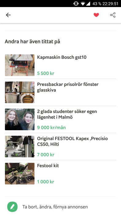 Skärmdump av annonsrekommendationer med blandade objekt, bl.a. en Bosch kapsåg och Festool-verktyg.