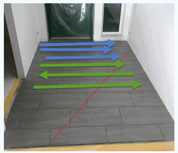 Golv lagt med mörkgrå plattor och illustrerade riktningpilar: blå pilar i en riktning, gröna i en annan, och en röd linje diagonalt.