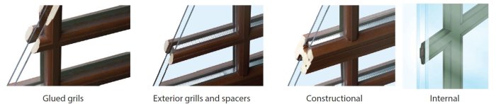 Fyra olika typer av fönsterspröjs: limmade spröjs, yttre spröjs med distanser, konstruktionella spröjs och inre spröjs.