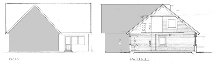 Arkitektoniska ritningar av en 1,5-plansvilla med måttangivelser för fasad och gavelfasad.