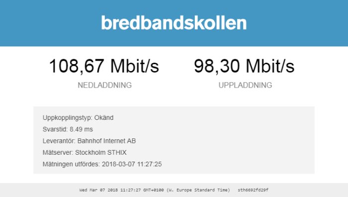 Skärmdump från Bredbandskollen med hastighetestresultat; 108,67 Mbit/s nedladdning, 98,30 Mbit/s uppladdning.