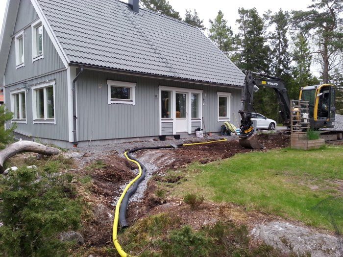 Nybyggt grått hus med grävmaskin som arbetar med markarbeten i trädgården.