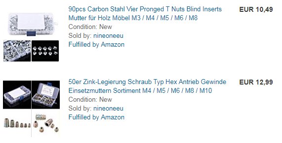 Två produktbilder med beskrivningar, en för T-nötter och en för skruvset, båda nya och uppfyllda av Amazon.