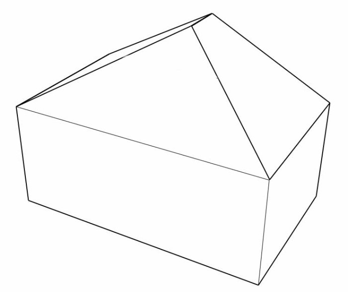 Illustration av valmat tak på en oregelbundet formad byggnad med en kort nockbalk.