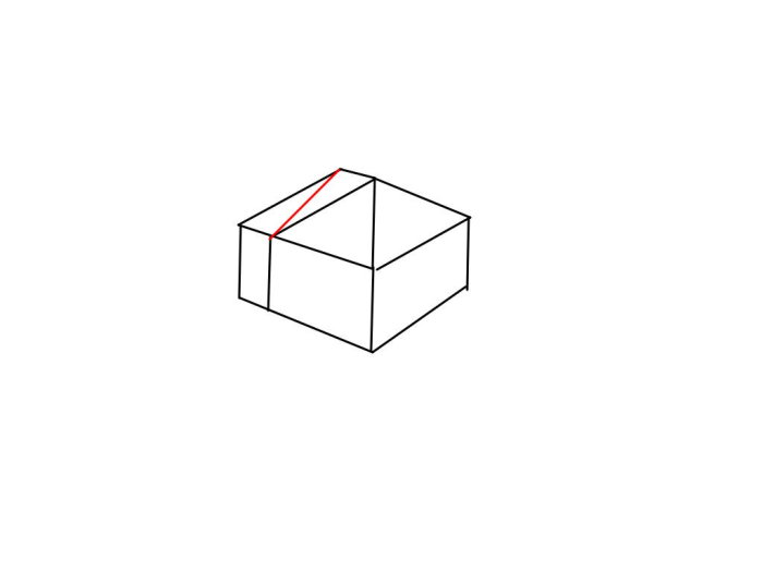 Enkel linjeskiss av stolphusstomme med en röd markerad diagonal för stabilisering.