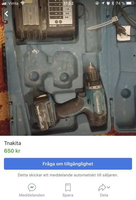 Begagnad Makita borrskruvdragare i blå förvaringsväska, medföljande batteri och laddare till salu.