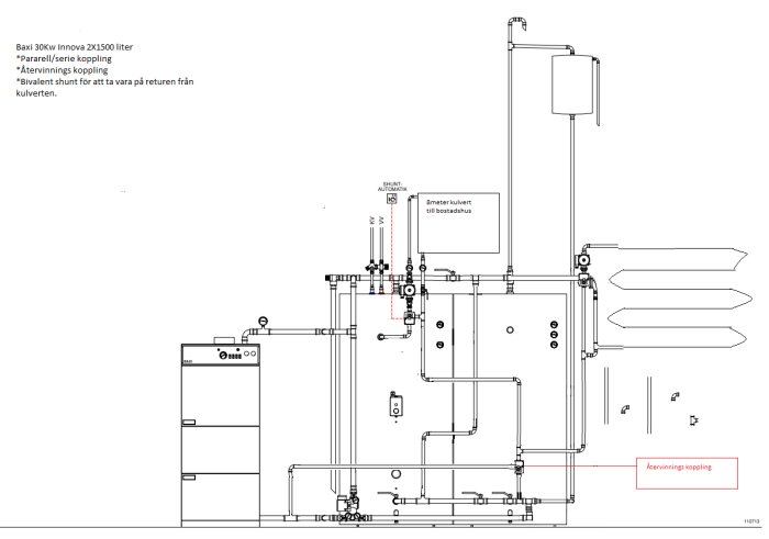 Schematisk ritning av returledningar för golvvärme med markering av återvinningskoppling.