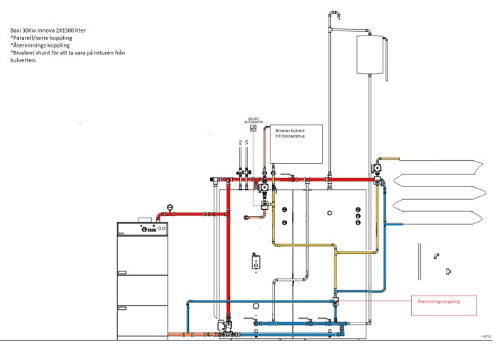 Ritning av värmesystem felanslutet med texten "återvinnings koppling" markerat i rött.