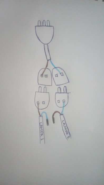 En enkel handritad teckning av ett eluttag med flera kopplade kontakter och två sladdar märkta "LAMPA 1" och "LAMPA 2".