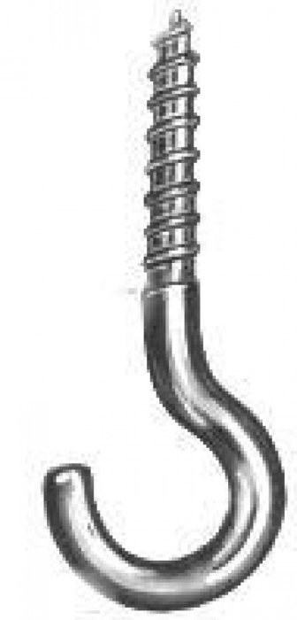 Metallskruv med krok för montering i tak, används med trä eller bultgänga.