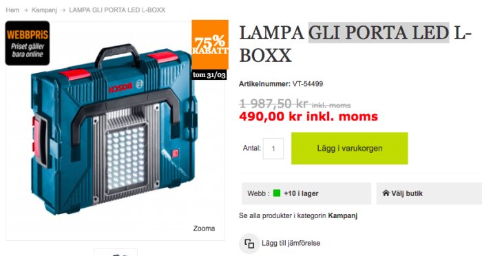 Bosch arbetslampa GLI Porta LED L-BOXX på en webbutikssida med prissänkning från 1987,50 kr till 490,00 kr.