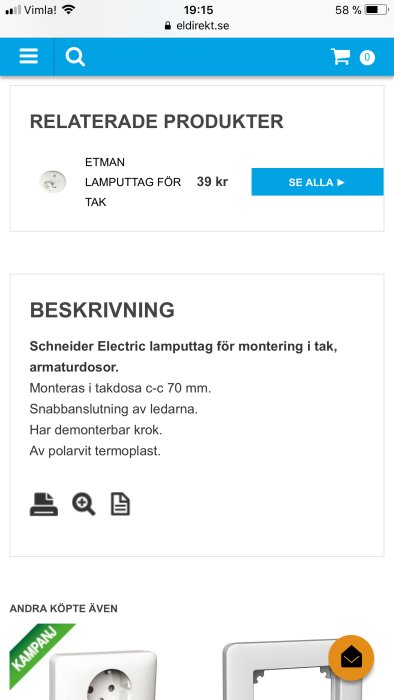 Schneider Electric lamputtag för takmontage visas på en webbsida med priset och produktbeskrivning.