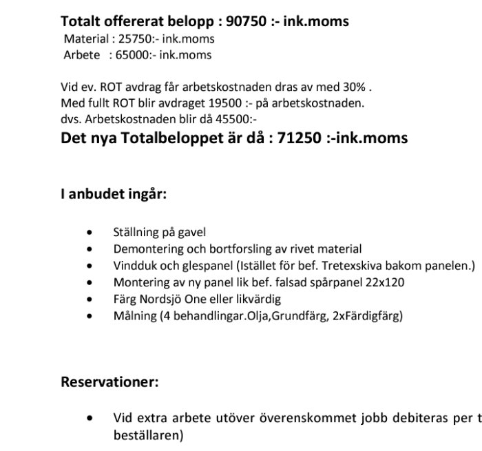 Offert för att åtgärda läckage med detaljerad kostnadsuppställning och ROT-avdrag, samt arbetsbeskrivning.