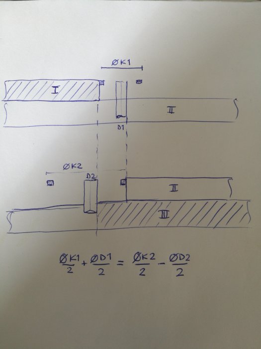 Handritad skiss av en teknisk ritning med dimensioner och en ekvation.