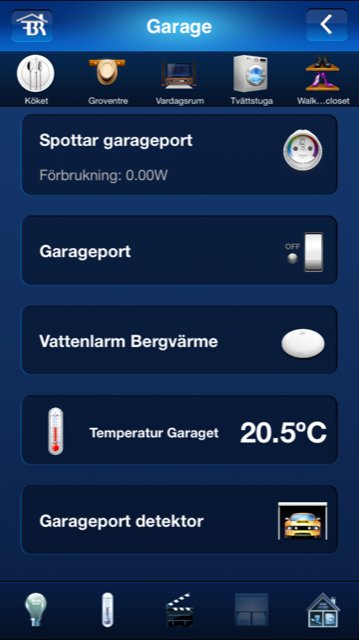 Skärmdump av en smart home-app med ikoner för styrning av garageport och temperaturkontroll i garaget.