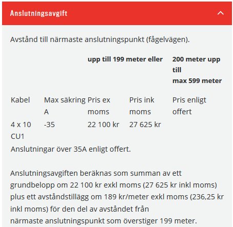 Tabell som visar anslutningsavgifter baserat på avstånd och kabeltyp med priser exklusive och inklusive moms.