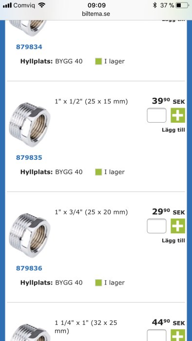 Sida från Biltema med tre olika storlekar av gängade rördelar och priser.