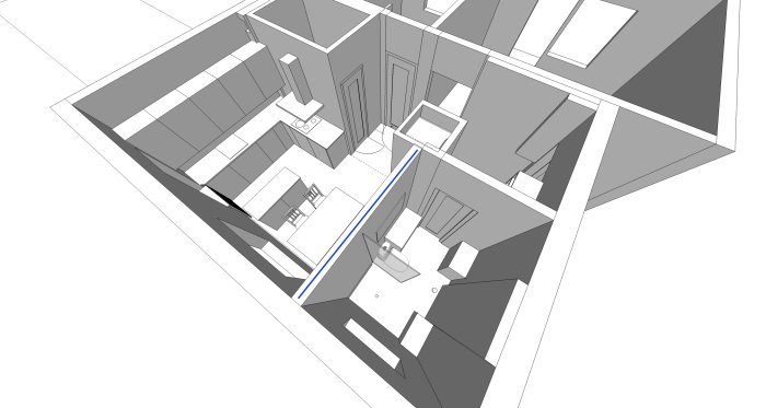 3D-ritning av en 40-talslägenhet med en blåmarkerad vägg som skall renoveras.