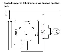 Kopplingsschema för en trappkoppling med en dimmer och två brytare, markerade vägar för ledningar.