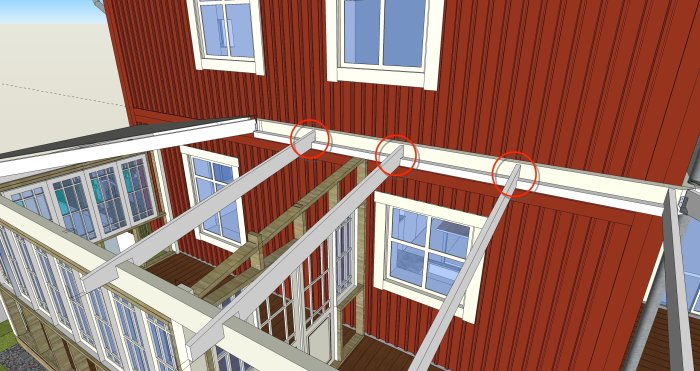 3D-modell av hus med markerade balkskor där takstolar möter bärlina.