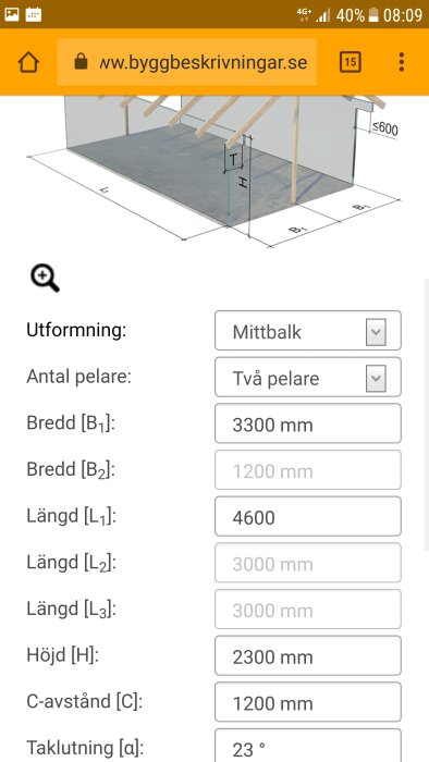 Skärmdump av digital ritning med mått för konstruktionsbalkar och pelare i ett byggprojekt.