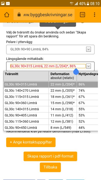 Skärmdump från en byggberäkningswebbsida med tabell över olika trädimensioner och deras deformation.