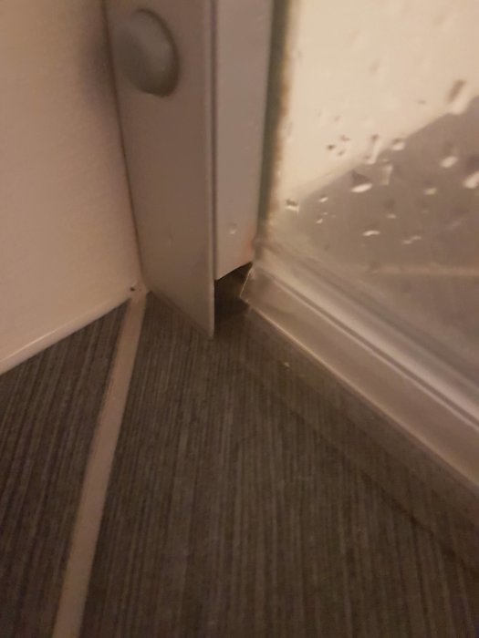 Nedre hörnet av en duschvägg där en plugg saknas, vilket leder till en vattenläcka på badrumsgolvet.