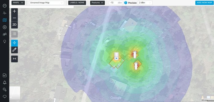 Overlay av WiFi-signalstyrka i olika färger på en kartbild som visar täckningen från två accesspunkter.