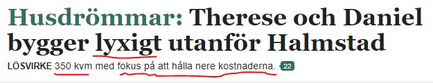 Rubrik om husbygge där "Therese och Daniel bygger lyxigt utanför Halmstad" nämns och fokus på kostnader.