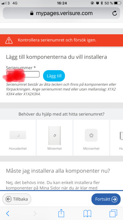 Skärmdump av Verisure webbsida med felmeddelande "Kontrollera serienumret och försök igen" och alternativ för att lägga till säkerhetskomponenter.