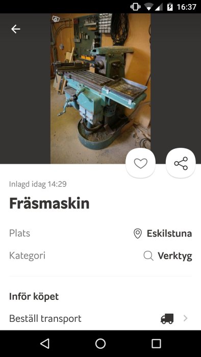 Begagnad fräsmaskin i en verkstad, annonserad som bortskänkes i Eskilstuna.