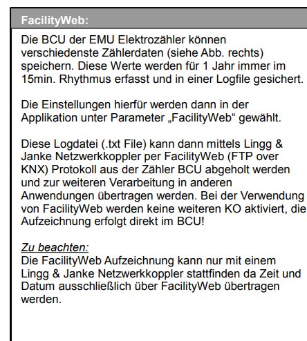 Skärmdump av en text som beskriver FacilityWeb-funktioner för en EMU-elektromätare, inklusive datalagring och FTP-överföring.