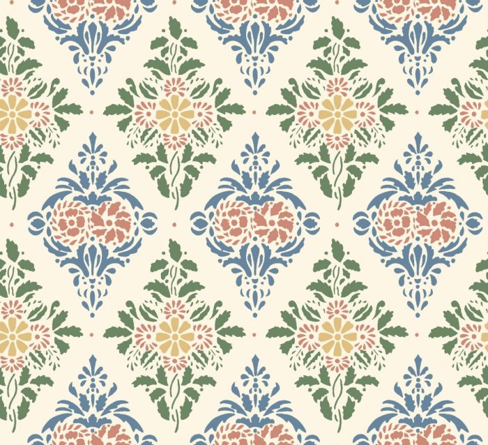 Klassisk Duro tapet med symmetriskt blommigt mönster i blått, rött och grönt på en krämfärgad bakgrund.