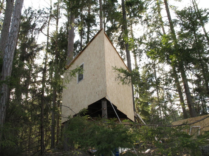 Kojan byggd i skogen med bärande reglar skruvade i träden och plywoodbeklädnad.