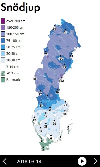 Karta som visar snödjupet i Sverige den 14 mars 2018 med olika färger för olika djup intervaller.