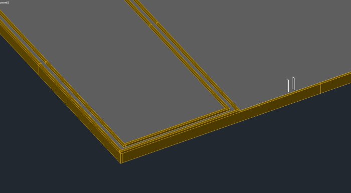 3D-ritning som visar gjutformar avsedda för betongplatta och förhöjd betongsyll för en carport.