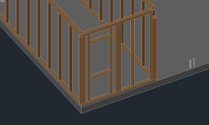 3D-ritning av en trästomme för en byggnad på en grå betongplatta.