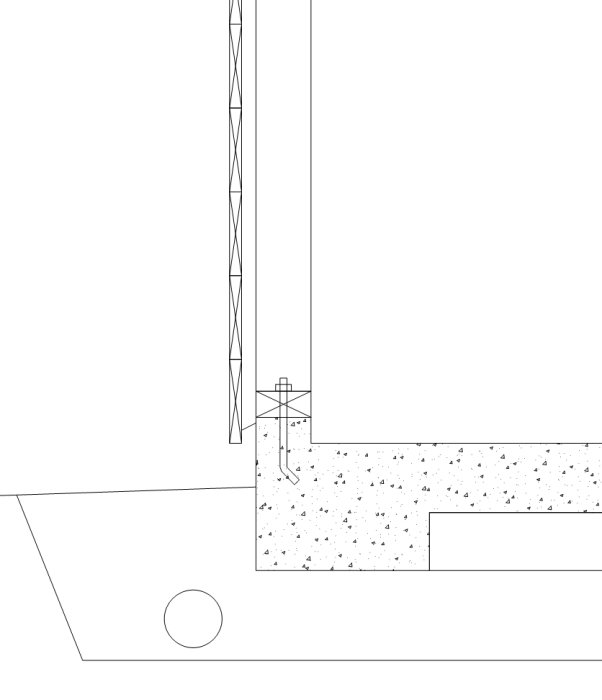Teknisk ritning av en husgrund med markisolering, kantbalk och dräneringssystem.