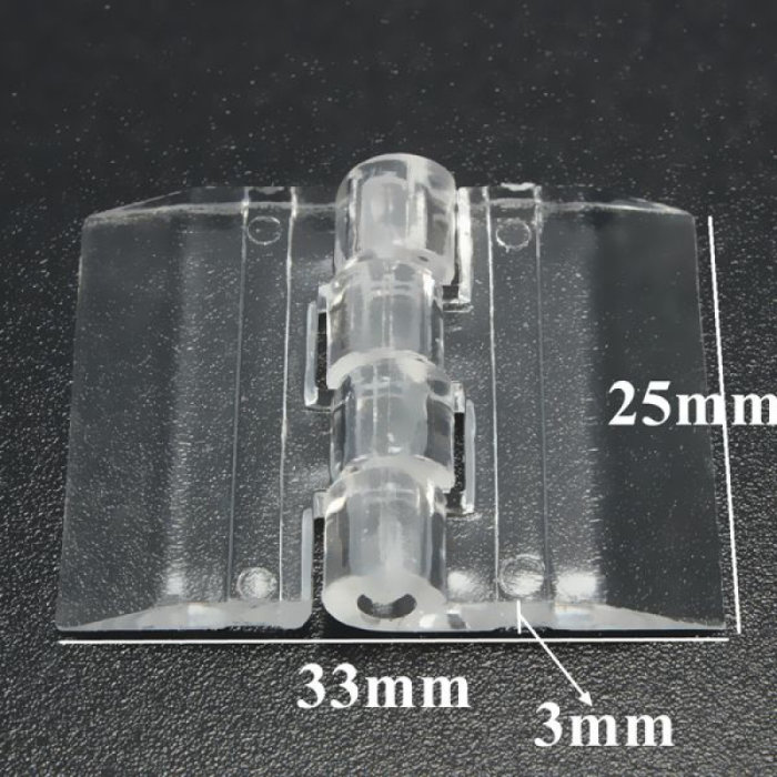 Transparent plexigångjärn med måttangivelser 25mm, 33mm och 3mm på en dimmig yta.