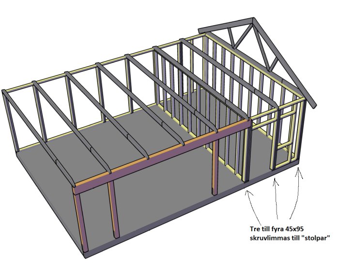 3D-modell av trästomme för byggnad med takstolar och markerade punkter för förstärkning.