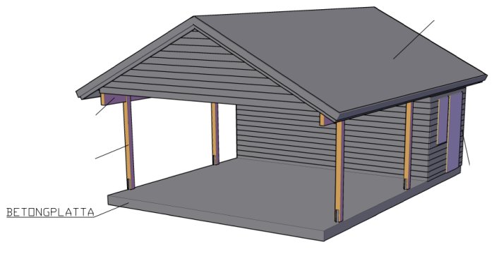 3D-rendering av en carport med takstolar och betongplatta, potentiell design för byggprojekt.