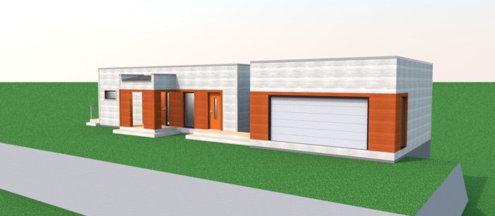 3D-modell av ett modernt enfamiljshus med garage, renderad i SweetHome 3D.