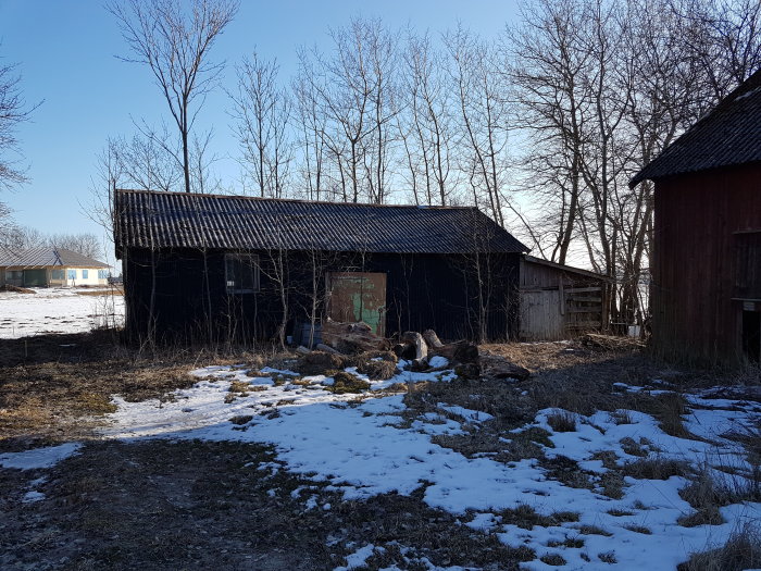 Dilapidated black wooden shack with snow patches and bare trees around, in need of repair or demolition.