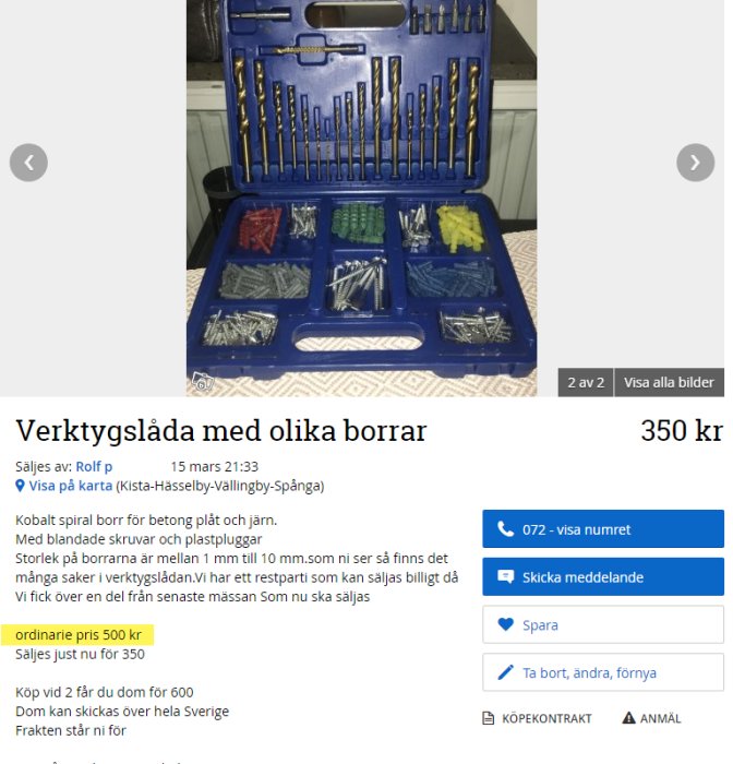 Verktygslåda öppen med flera fack av olika borrstorlekar och skruvar, marknadsförs för 350 kr, nedrabatterat från 500 kr.